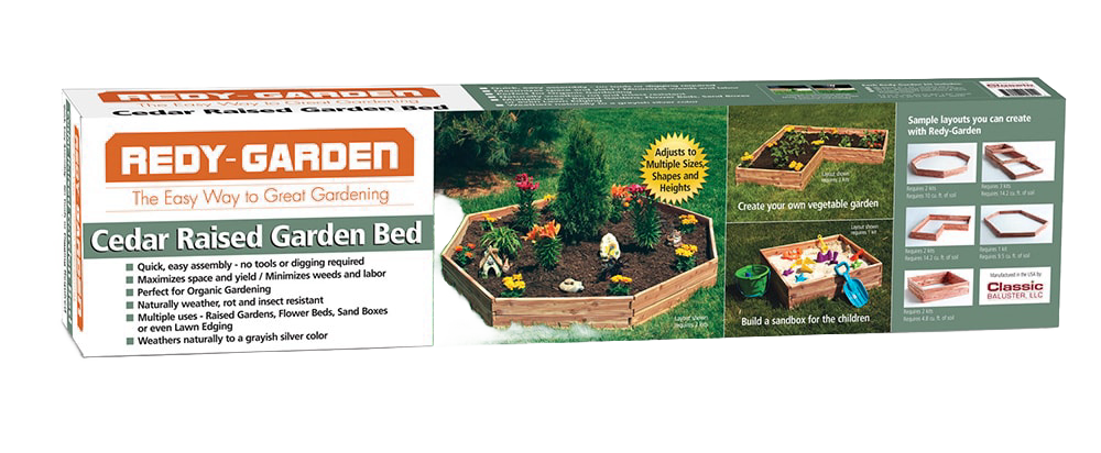 Box packaging of a handcrafted cedar raised garden bed kit made in USA, showcasing a multi-section planter design ideal for organic gardening, featured in Farm, Garden & Tool, Garden Accessories, Seeds and Planting, USA Made, and Best Sellers collections.