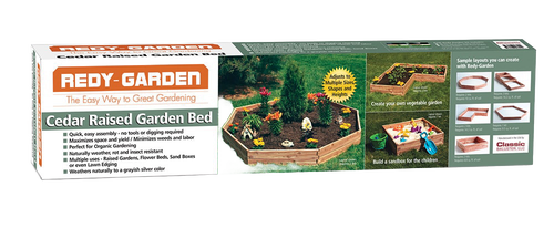 Box packaging of a handcrafted cedar raised garden bed kit made in USA, showcasing a multi-section planter design ideal for organic gardening, featured in Farm, Garden & Tool, Garden Accessories, Seeds and Planting, USA Made, and Best Sellers collections.