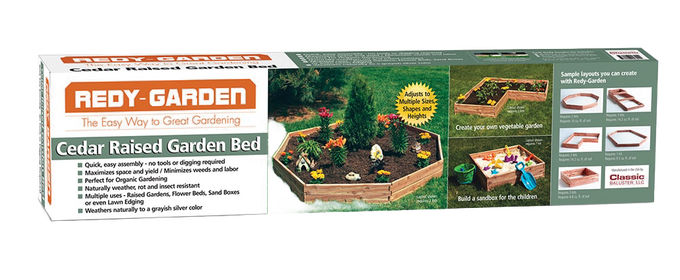Box packaging of a handcrafted cedar raised garden bed kit made in USA, showcasing a multi-section planter design ideal for organic gardening, featured in Farm, Garden & Tool, Garden Accessories, Seeds and Planting, USA Made, and Best Sellers collections.
