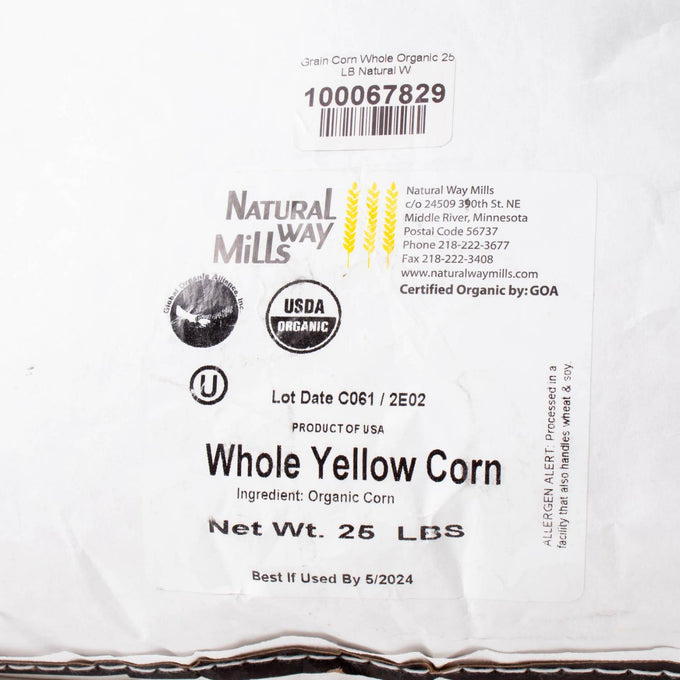 White packaging bag labeled with Natural Way Mills branding containing 25 pounds of organic whole yellow corn, made in the USA, featured in Farm, Garden & Tool and Kitchen & Food collections.