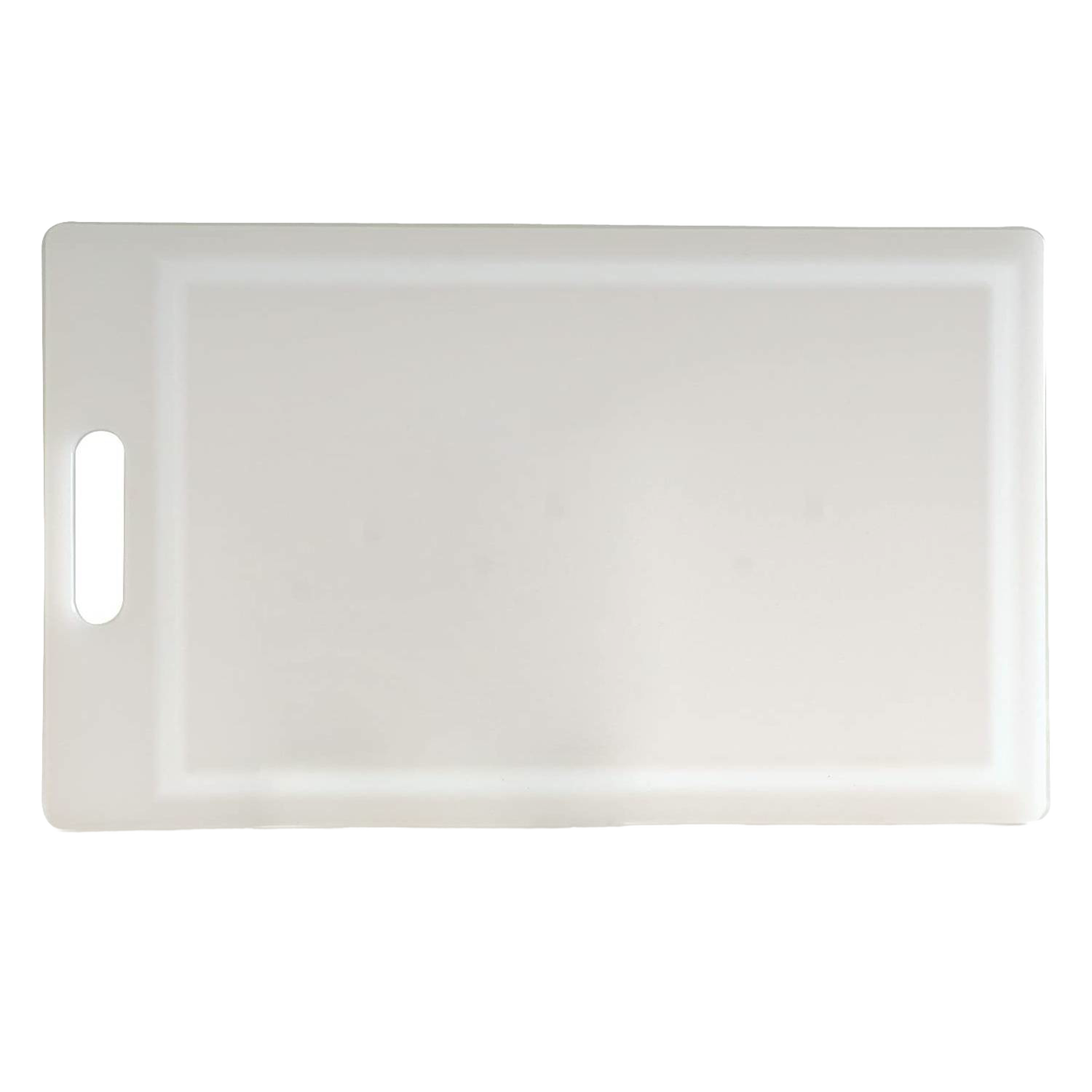Durable high-density plastic cutting board with one grooved side to catch juices and a smooth side for versatile food prep, featuring a convenient handle, ideal for Kitchen & Food and Food Prep collections.