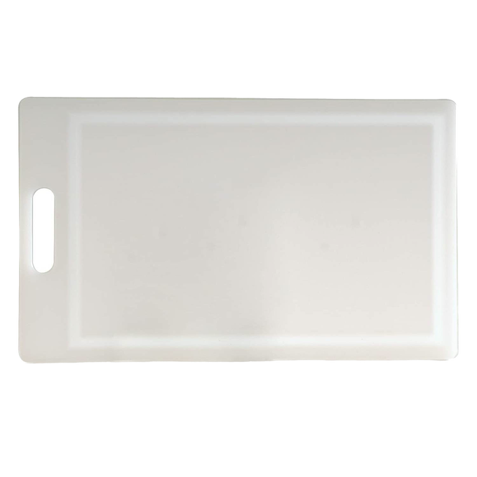 Durable high-density plastic cutting board with one grooved side to catch juices and a smooth side for versatile food prep, featuring a convenient handle, ideal for Kitchen & Food and Food Prep collections.