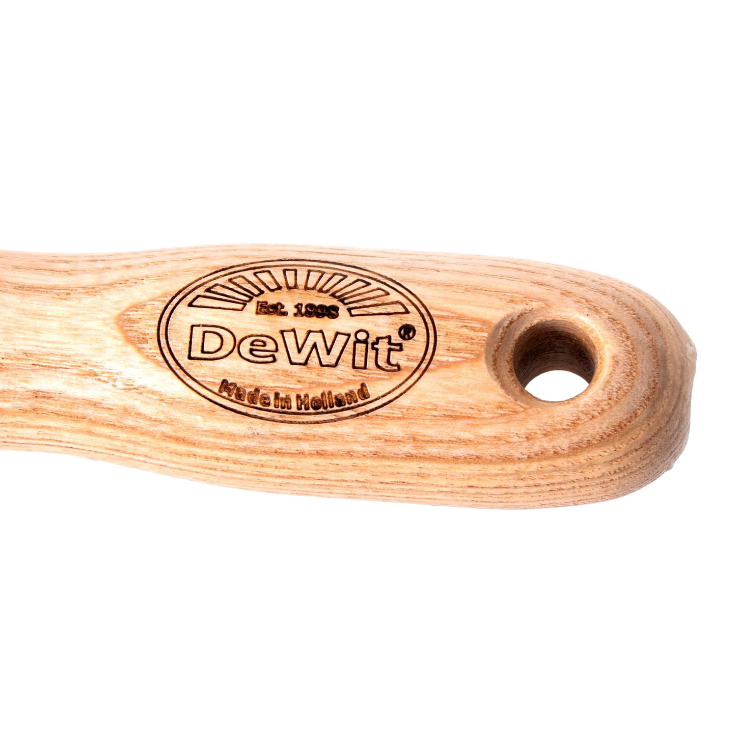 Smooth wooden handle engraved with DeWit branding and hole for hanging, crafted for comfort and durability in Farm, Garden & Tool, Garden Accessories, Best Sellers, Promo Eligible collections.