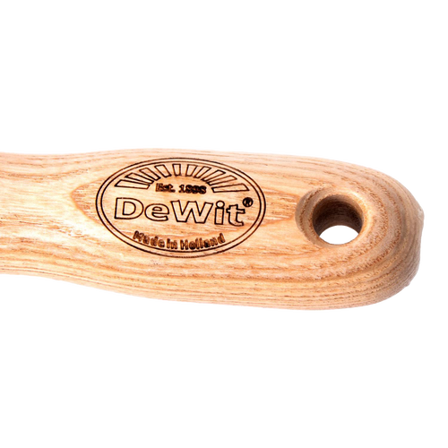 Smooth wooden handle engraved with DeWit branding and hole for hanging, crafted for comfort and durability in Farm, Garden & Tool, Garden Accessories, Best Sellers, Promo Eligible collections.