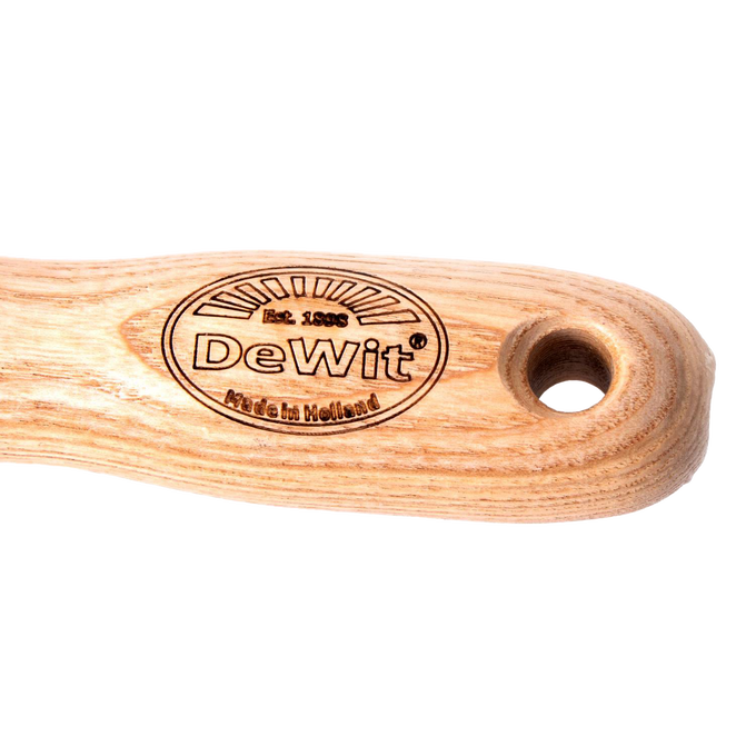 Smooth wooden handle engraved with DeWit branding and hole for hanging, crafted for comfort and durability in Farm, Garden & Tool, Garden Accessories, Best Sellers, Promo Eligible collections.