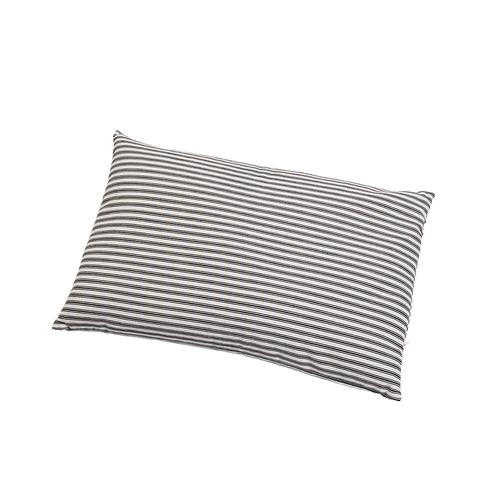Handcrafted buckwheat bed pillow with a striped fabric cover, offering adjustable firmness and natural support, made in the USA, part of Home & Decor and Best Sellers collections.