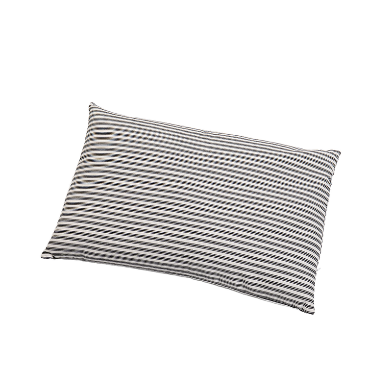Handcrafted buckwheat bed pillow with a striped fabric cover, offering adjustable firmness and natural support, made in the USA, part of Home & Decor and Best Sellers collections.