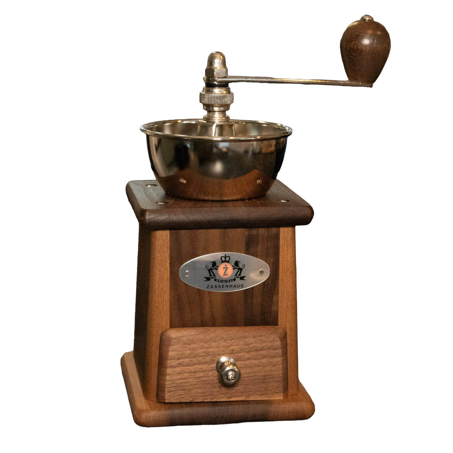 Handcrafted walnut and stainless steel coffee grinder with top crank, featuring adjustable conical burr for consistent grinding, ideal for Kitchen & Food and Brewing Coffee and Tea collections.