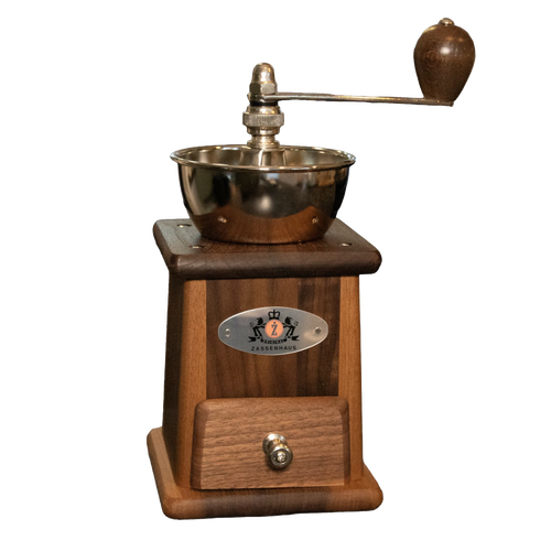 Handcrafted walnut and stainless steel coffee grinder with top crank, featuring adjustable conical burr for consistent grinding, ideal for Kitchen & Food and Brewing Coffee and Tea collections.