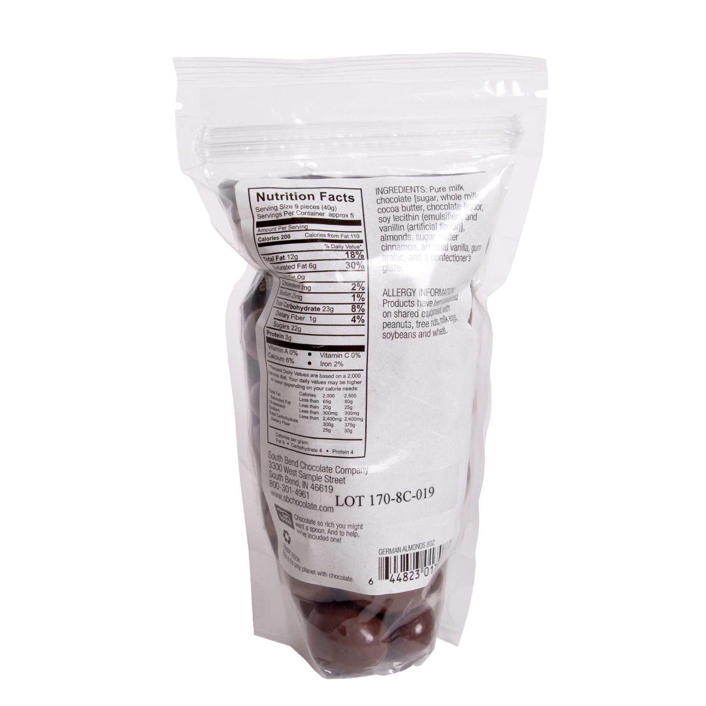 Resealable bag of handcrafted German chocolate almonds coated in milk chocolate with cinnamon, ideal for Kitchen & Food, Snacks and Sweets, Candy, USA Made, and Best Sellers collections.