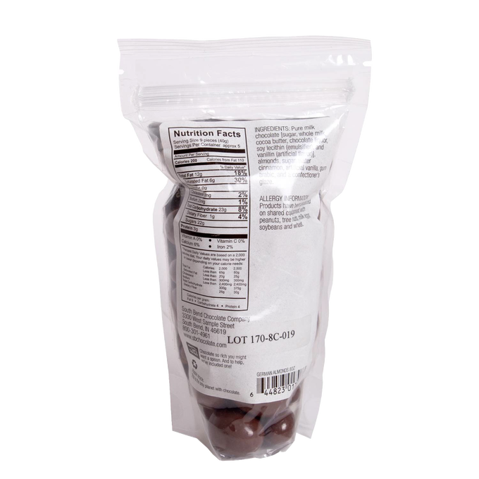 Resealable bag of handcrafted German chocolate almonds coated in milk chocolate with cinnamon, ideal for Kitchen & Food, Snacks and Sweets, Candy, USA Made, and Best Sellers collections.