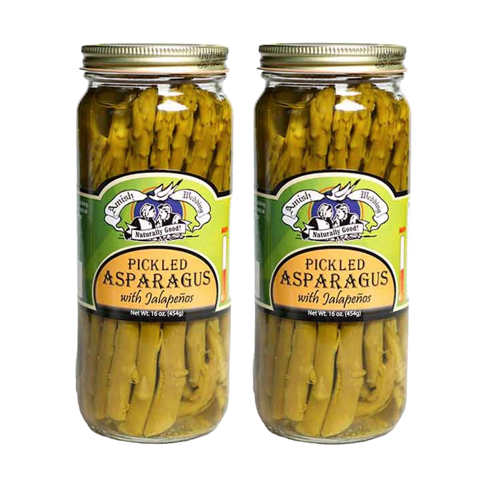 Two glass jars of handcrafted pickled asparagus with jalapeños, made in USA, showcasing tangy flavor for Kitchen & Food, Pantry, Best Sellers, and Promo Eligible collections.