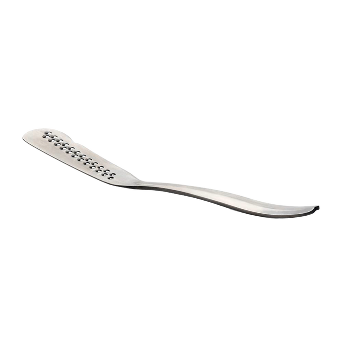 Sleek stainless steel butter shaver with ergonomic handle and perforations, designed to easily shave and spread cold butter, ideal for Kitchen & Food, Dinnerware, and Specialty Equipment collections.
