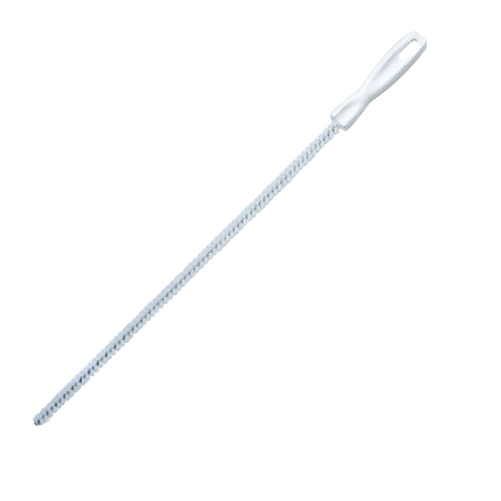 Slim cleaning brush with short, stiff bristles and flexible shaft, featuring a white handle with hanging hole, designed to clear sink drains; part of USA Made and Best Sellers collections.