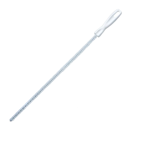 Slim cleaning brush with short, stiff bristles and flexible shaft, featuring a white handle with hanging hole, designed to clear sink drains; part of USA Made and Best Sellers collections.