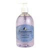 Clear plastic pump bottle of lavender-scented liquid soap with a blue label featuring a farmhouse illustration, made in USA, ideal for Health & Wellness and Grooming collections.