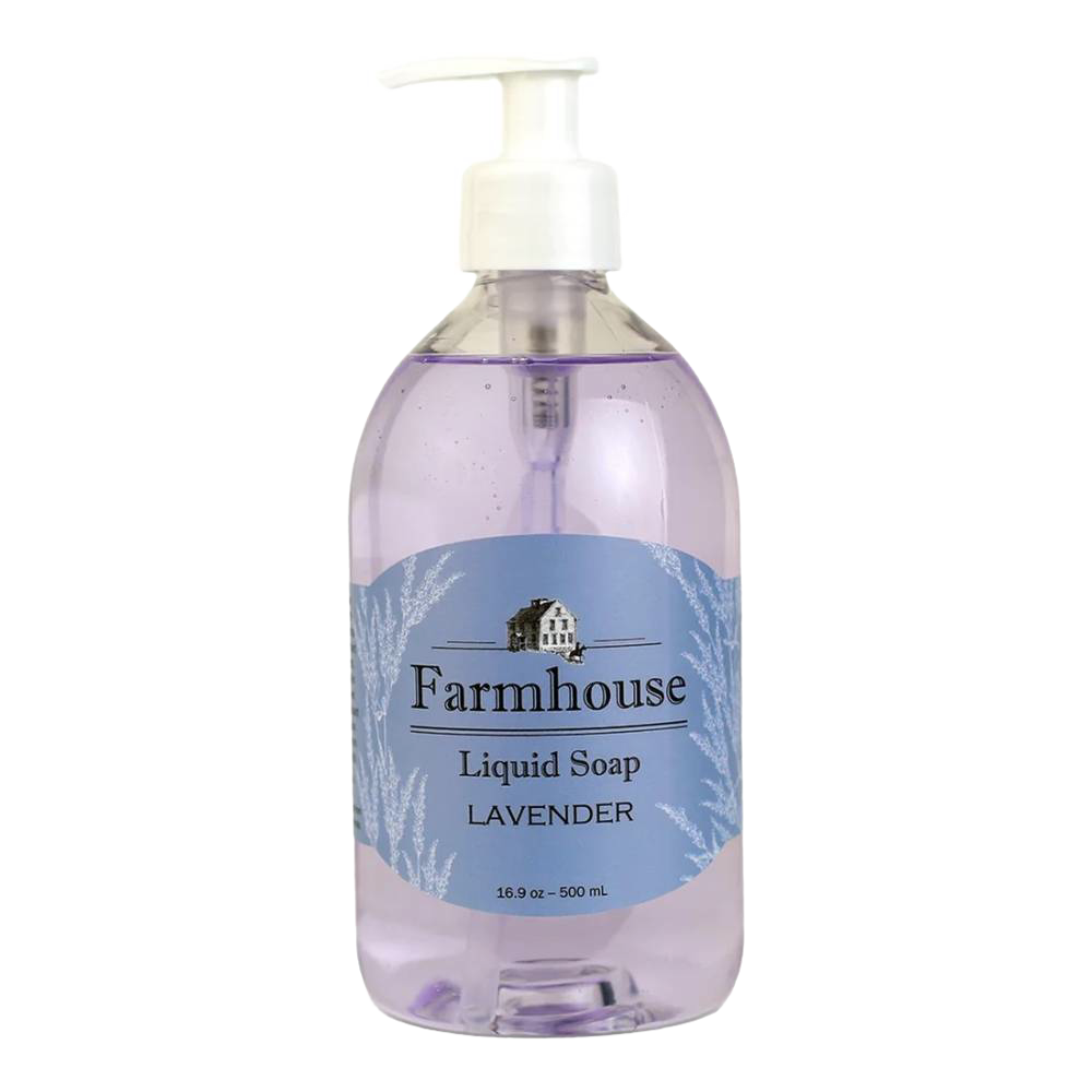 Clear plastic pump bottle of lavender-scented liquid soap with a blue label featuring a farmhouse illustration, made in USA, ideal for Health & Wellness and Grooming collections.