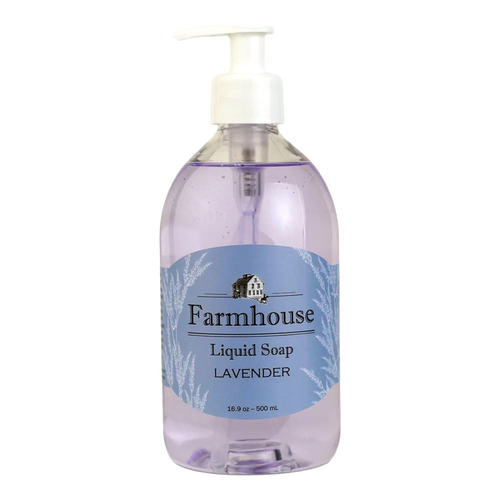 Clear plastic pump bottle of lavender-scented liquid soap with a blue label featuring a farmhouse illustration, made in USA, ideal for Health & Wellness and Grooming collections.