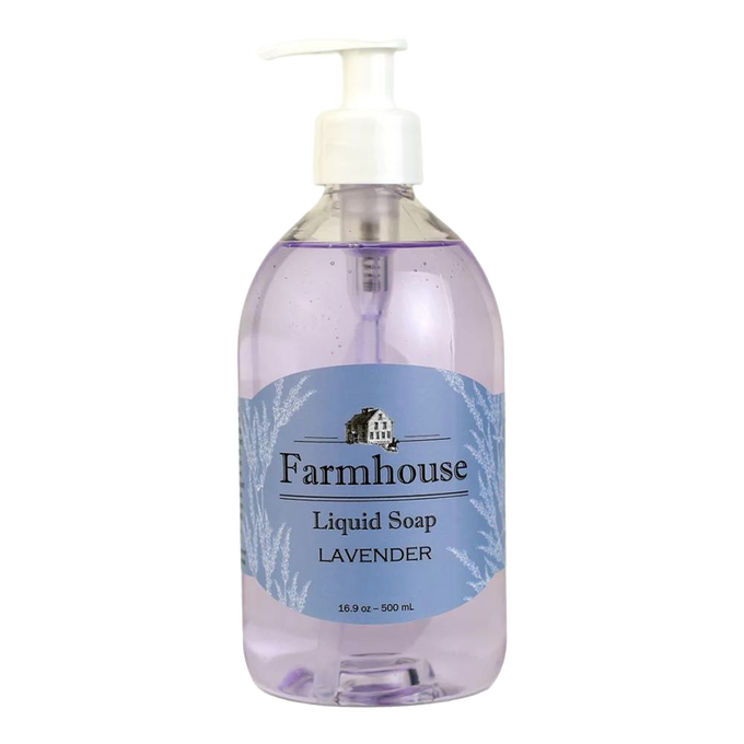 Clear plastic pump bottle of lavender-scented liquid soap with a blue label featuring a farmhouse illustration, made in USA, ideal for Health & Wellness and Grooming collections.