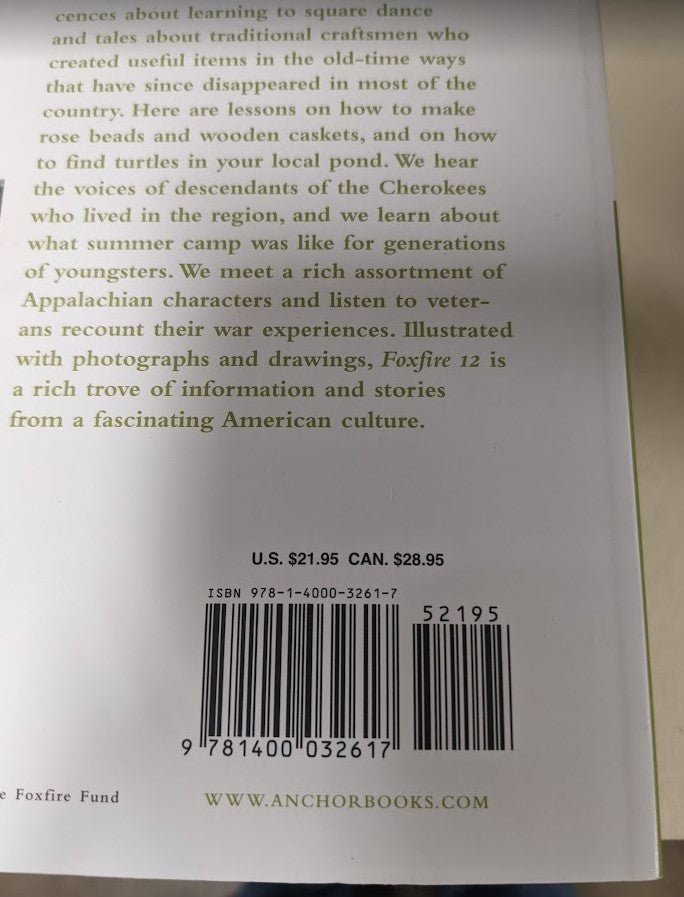 Back cover of a handcrafted heritage book featuring descriptive text about traditional crafts, Appalachian characters, and Cherokee heritage, with barcode and pricing details, ideal for Toys, Books & Games and Heritage and Lifestyle Books collections.