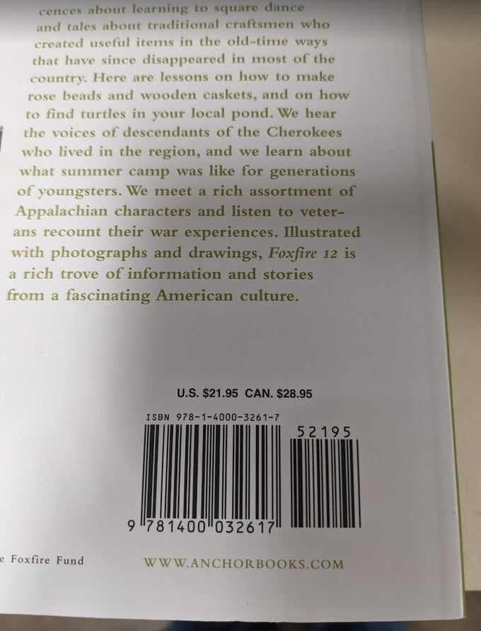 Back cover of a handcrafted heritage book featuring descriptive text about traditional crafts, Appalachian characters, and Cherokee heritage, with barcode and pricing details, ideal for Toys, Books & Games and Heritage and Lifestyle Books collections.