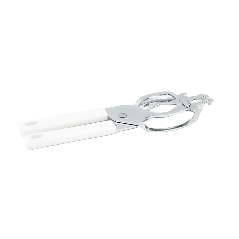 Chrome steel jar and bottle vise with white handles, designed to easily open stubborn lids, featured in Kitchen & Food, Kitchen Gadgets, Kitchen Accessories, and Best Sellers collections.