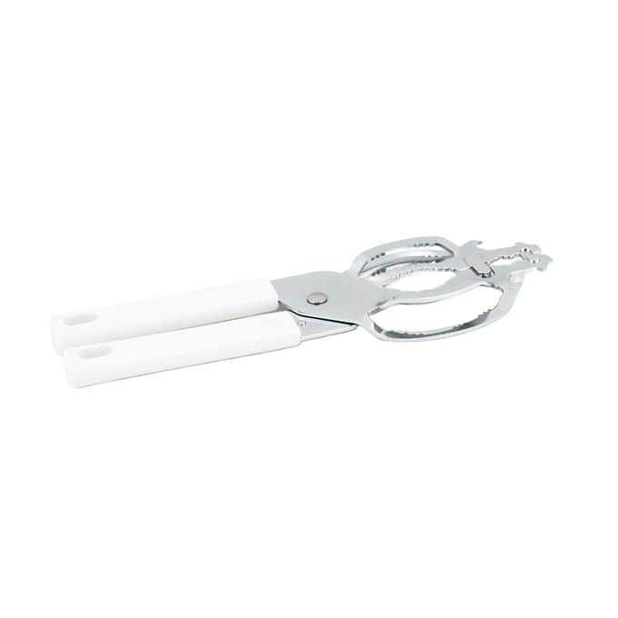 Chrome steel jar and bottle vise with white handles, designed to easily open stubborn lids, featured in Kitchen & Food, Kitchen Gadgets, Kitchen Accessories, and Best Sellers collections.