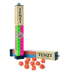 Stacked sets of colorful dice in green, pink, and orange with white dots, displayed with two cream-colored storage containers featuring playful lettering, part of toys and board games collections.