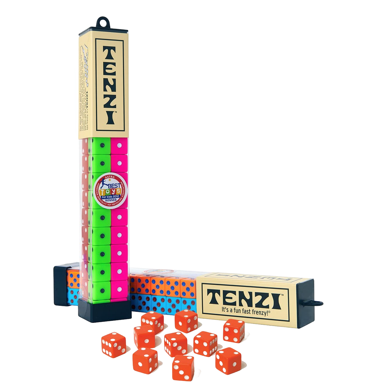 Stacked sets of colorful dice in green, pink, and orange with white dots, displayed with two cream-colored storage containers featuring playful lettering, part of toys and board games collections.