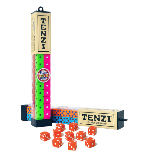 Stacked sets of colorful dice in green, pink, and orange with white dots, displayed with two cream-colored storage containers featuring playful lettering, part of toys and board games collections.