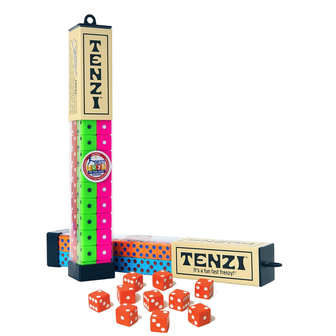 Stacked sets of colorful dice in green, pink, and orange with white dots, displayed with two cream-colored storage containers featuring playful lettering, part of toys and board games collections.
