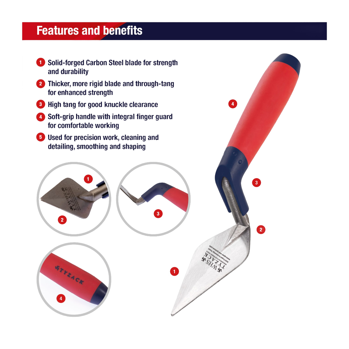 Durable 4-inch hardened carbon steel archaeology trowel with rigid blade and ergonomic soft-feel red handle, designed for Farm, Garden & Tool, Digging and Cultivating, Hand Tools and Hardware collections.