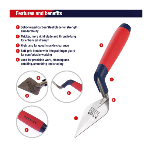 Durable 4-inch hardened carbon steel archaeology trowel with rigid blade and ergonomic soft-feel red handle, designed for Farm, Garden & Tool, Digging and Cultivating, Hand Tools and Hardware collections.