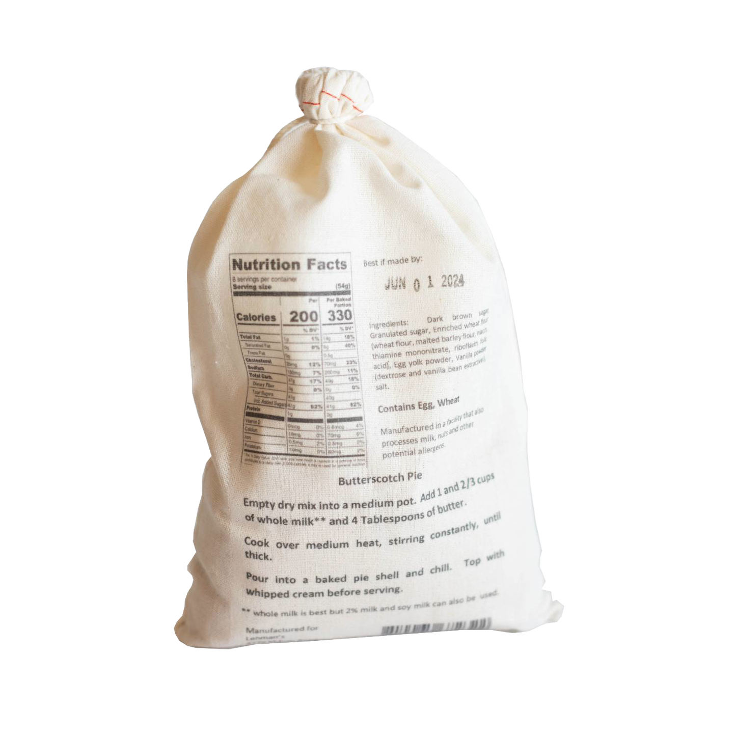 Soft fabric drawstring bag featuring handcrafted Amish pie filling mix with nutrition facts and preparation instructions, suited for Kitchen & Food, Dry Goods and Mixes, and Best Sellers collections.