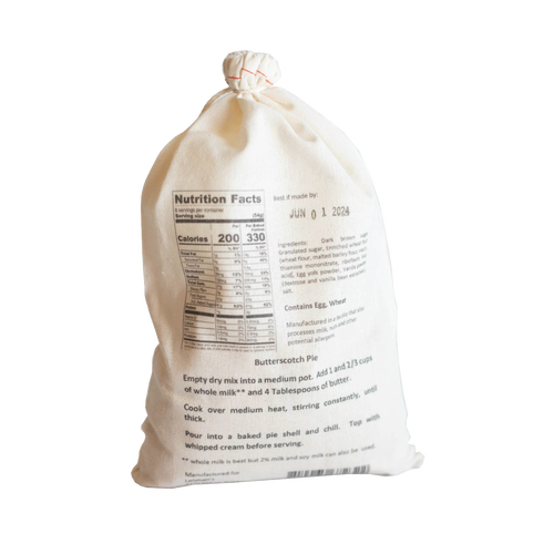 Soft fabric drawstring bag featuring handcrafted Amish pie filling mix with nutrition facts and preparation instructions, suited for Kitchen & Food, Dry Goods and Mixes, and Best Sellers collections.