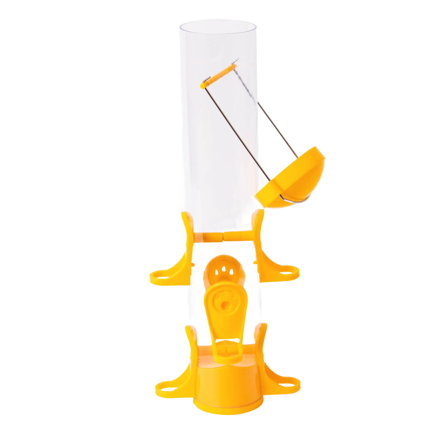 Handcrafted clear poly tube finch feeder with six yellow feeding ports and seed catcher, designed to keep nyjer seeds dry and attract birds, ideal for farm, garden, and animal care collections.