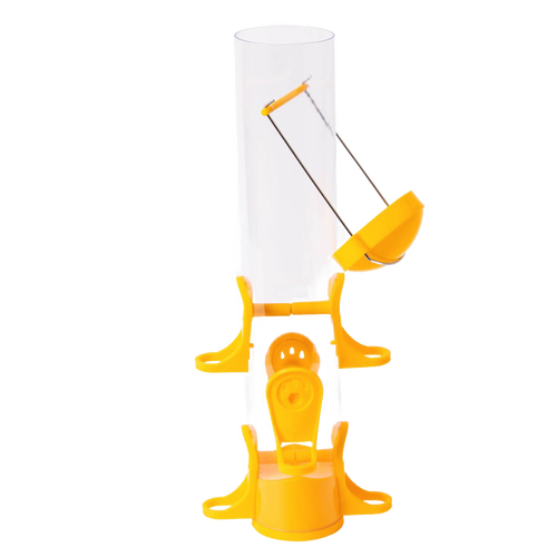 Handcrafted clear poly tube finch feeder with six yellow feeding ports and seed catcher, designed to keep nyjer seeds dry and attract birds, ideal for farm, garden, and animal care collections.