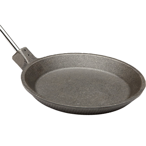Cast iron skillet with a long metal handle designed for safe campfire cooking, ideal for beginners learning outdoor meal preparation, featured in Farm, Garden & Tool and Camping collections.