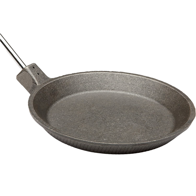 Cast iron skillet with a long metal handle designed for safe campfire cooking, ideal for beginners learning outdoor meal preparation, featured in Farm, Garden & Tool and Camping collections.