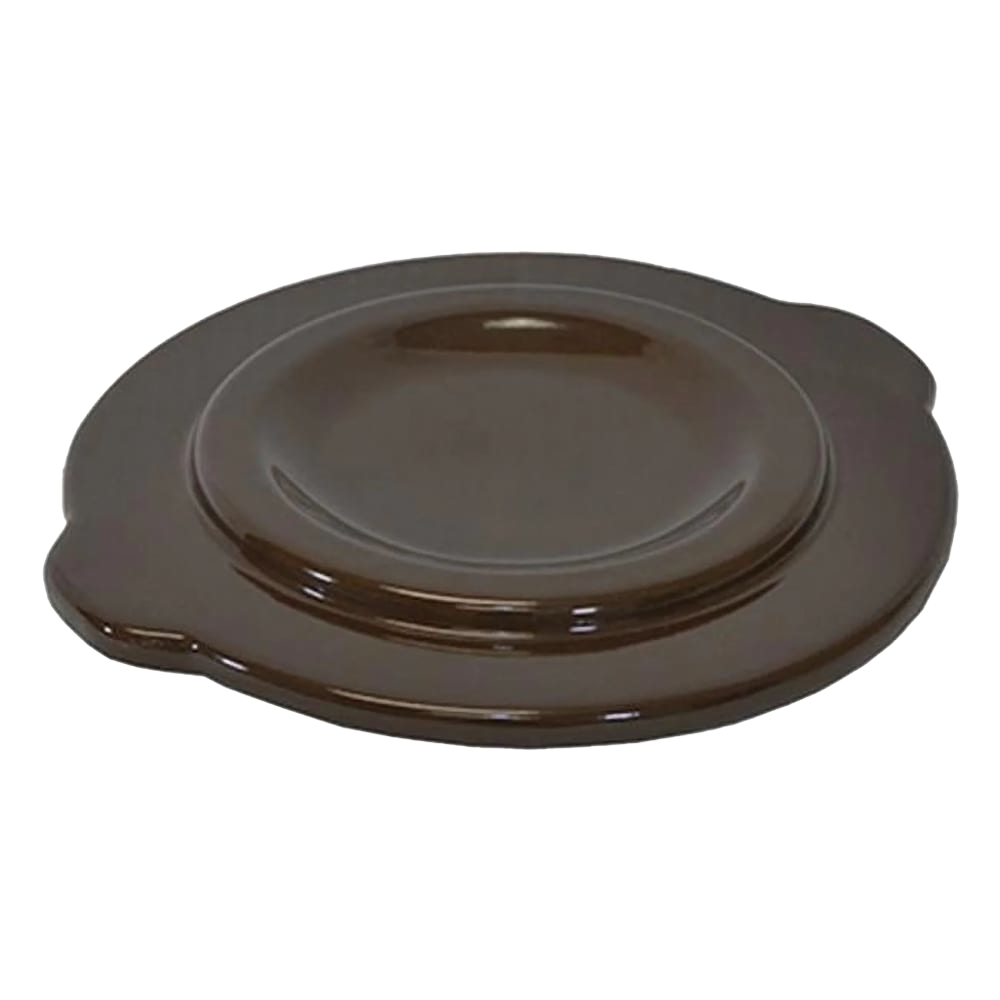 Dark brown stoneware cover with a smooth glazed finish, designed to fit numbered and utility crocks for food preservation and fermenting, made in USA for kitchen use.