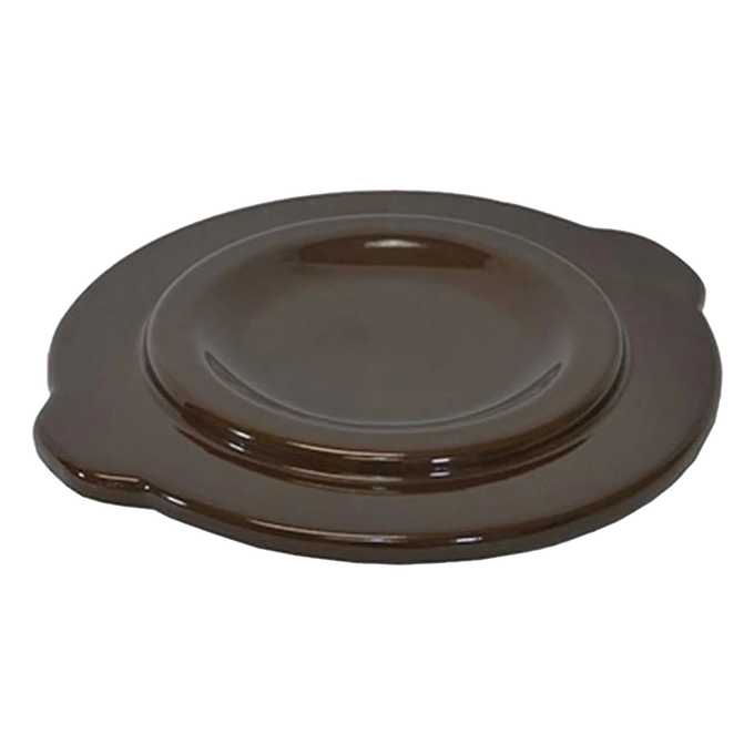 Dark brown stoneware cover with a smooth glazed finish, designed to fit numbered and utility crocks for food preservation and fermenting, made in USA for kitchen use.
