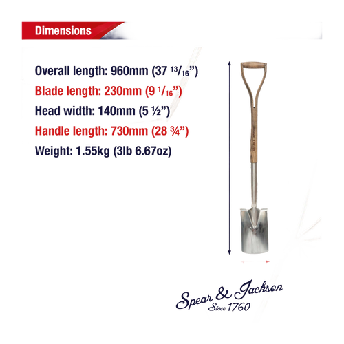 Traditional stainless steel border spade with a polished head and wooden D-handle, ideal for digging and cultivating in tight garden spaces; featured in Farm, Garden & Tool and Lawncare collections.