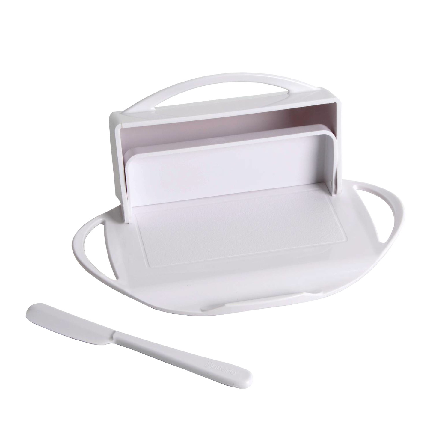 White flip-top butter dish featuring a built-in spreader cradle and matching spreader, designed for tidy butter storage and easy spreading in Kitchen & Food and Kitchen Accessories collections.