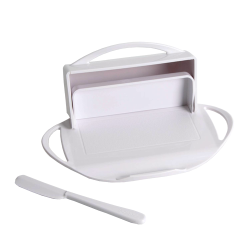 White flip-top butter dish featuring a built-in spreader cradle and matching spreader, designed for tidy butter storage and easy spreading in Kitchen & Food and Kitchen Accessories collections.