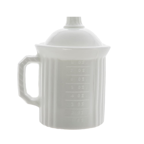 Opaque white ceramic measuring cup with handle and lid, featuring embossed measurement markings, designed for precise food preparation in kitchen and baking collections.