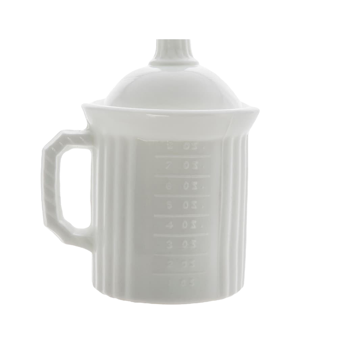 Opaque white ceramic measuring cup with handle and lid, featuring embossed measurement markings, designed for precise food preparation in kitchen and baking collections.