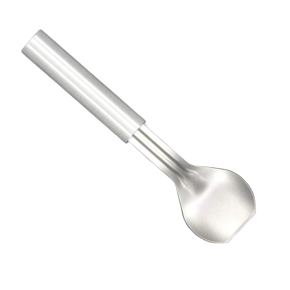 Handcrafted stainless steel scoop with a stub-nose bowl and sturdy ridge, designed for scooping hard ice cream, featured in Kitchen & Food, Specialty Equipment, and USA Made collections.