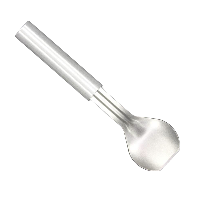 Handcrafted stainless steel scoop with a stub-nose bowl and sturdy ridge, designed for scooping hard ice cream, featured in Kitchen & Food, Specialty Equipment, and USA Made collections.
