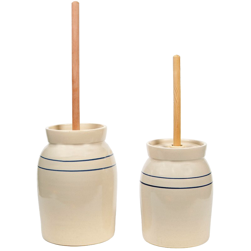 Pair of handcrafted stoneware butter churns in natural stone color with smooth unfinished wooden dashers and traditional double blue stripes, made in USA, featured in Kitchen & Food, Specialty Equipment, Making Butter, USA Made, Best Sellers, and Promo Eligible collections.