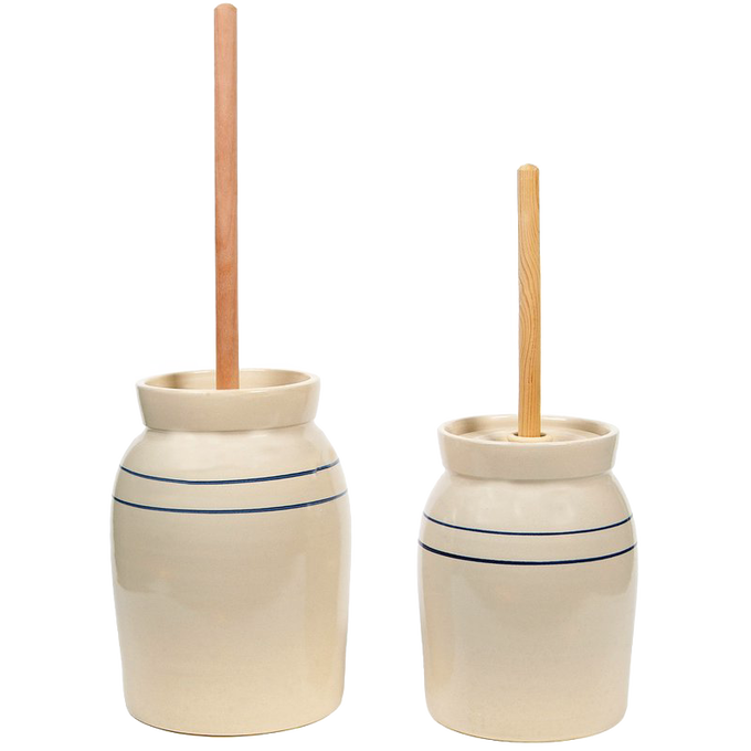 Pair of handcrafted stoneware butter churns in natural stone color with smooth unfinished wooden dashers and traditional double blue stripes, made in USA, featured in Kitchen & Food, Specialty Equipment, Making Butter, USA Made, Best Sellers, and Promo Eligible collections.